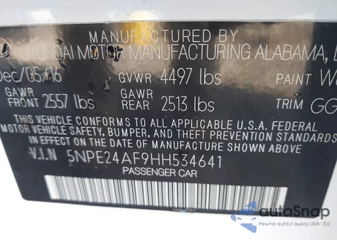 2017 Hyundai Sonata Se z USA, uszkodzony, nr VIN 5NPE24AF9HH534641